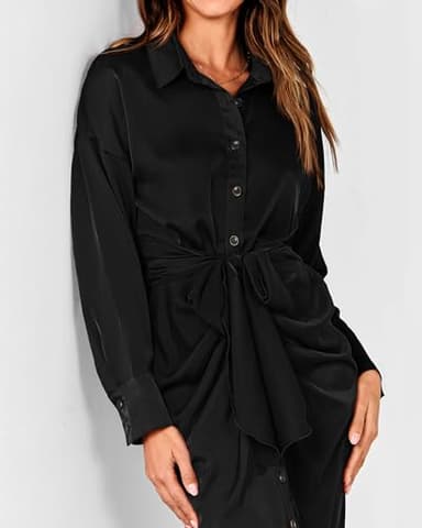 BTFBM Maxi Dresses for Women Fall 2025 Long Sleeve Lapel Neck Button Down Elegant Satin Belted Ruched Summer Shirt Dress(Black, X-Large) - Image 7