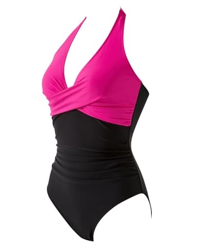 SUUKSESS Women Sexy Tummy Control One Piece Swimsuits Halter Push Up Monokini Bathing Suits (Hot Pink Black, M) - Image 2