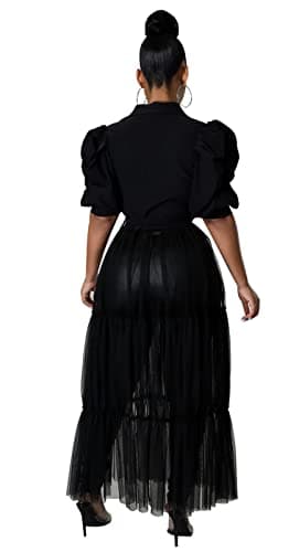 Ekaliy Women's Short Sleeve Round Neck High Low Asymmetrical Irregular Hem Casual Tops Blouse Shirt Dress L Black - Image 3
