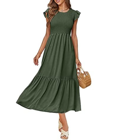 OFEEFAN Long Dress Womens Maxi Dresses Summer Ruffle Sleeve Tiered Dress Army Green M - Image 3