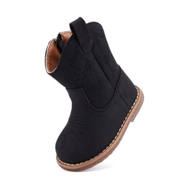 BMCiTYBM Baby Cowboy Cowgirl Boots Infant Western Boots Toddler Boys Girls Round Toe Riding Mid Calf Boots All Seasons for 6 9 12 18 24 Months Black Size 5 Toddler - Image 4