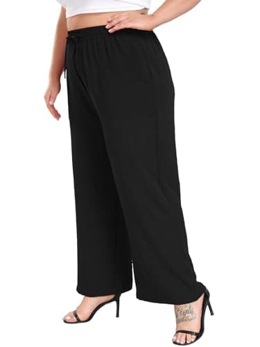 Lastshe Women's Plus Size Wide Leg Pants Summer Stretchy Drawstring Waistband Comfortable Fit Casual Trousers Pants with Pockets,Black,2X - Image 2
