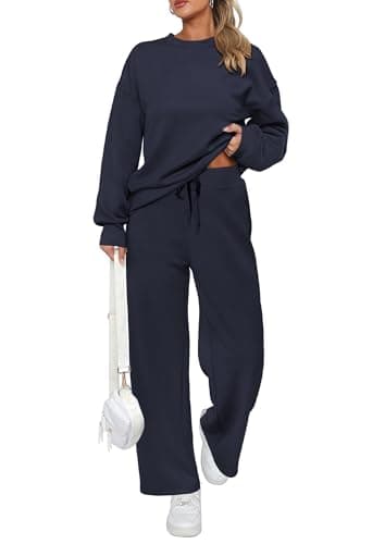 PRETTYGARDEN Womens 2 Piece Outfits 2025 Fall Long Sleeve Sweatshirt Wide Leg Pants Lounge Sets Winter Sweatsuits Tracksuit (Navy,Large) - Image 1