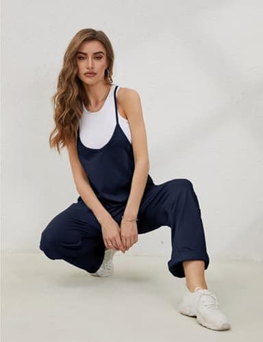 Lentta Women's Causal Jumpsuits V Neck Sleeveless Harem Overalls Stretchy Adjustable Strap Romper with Pockets(DarkBlue-S) - Image 7