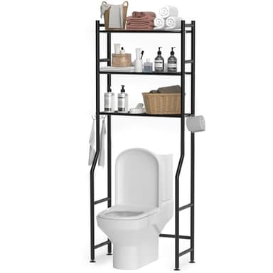 GloTika 3-Tier Over The Toilet Storage, Space Saver Metal Bathroom Shelves, Freestanding Above Over Toilet Storage Shelf with 4 Hooks for Bathroom, Black - Image 1