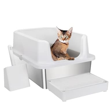 RIZZARI Large Stainless Steel Cat Litter Box: Open Top Leak-Proof Large Cat Pan - Odor Control for Indoor Multi-Cat Homes (Pearl) - Image 1