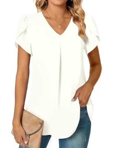 Anyally Women's Plus Size Summer Tunic Tops Dressy Casual Chiffon Blouses Short Sleeve T-Shirts for Leggings, 2XL White - Image 1