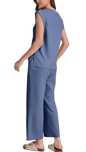 OFEEFAN 2 Piece Sets for Women Matching Sets Women Clothing Business Casual Outfits Spring Summer Loungewear Set Wide Leg Pants Beach Fashion Blue S - Image 6