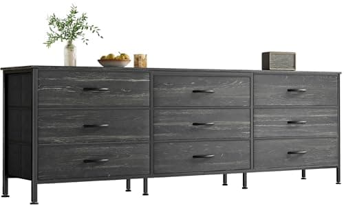 Huuger 63 Inch Dresser for Bedroom, Dresser for Closet with 9 Drawers, Large TV Stand for 55, 65, 70 Inch TV, Entertainment Center, Wide Long Chest of Drawers, Charcoal Black Wood Grain Print - Image 1