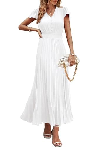 PRETTYGARDEN Women's Summer Maxi Dresses 2025 Trendy Casual Button V Neck Ruffle Cap Sleeve Long Flowy Pleated Dress (White,Small) - Image 1