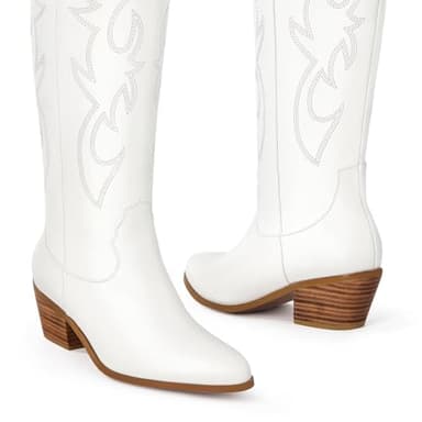 Cowboy Boots for Women Knee High Wide Calf Cowgirl Boots Embroidered Chunky Heels Pointed Toe Long Tall Western Boot Pull On (White, Size 10) - Image 2
