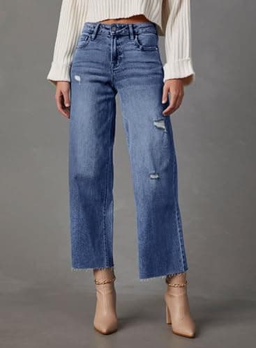 Dokotoo Capri Wide Leg Jeans for Women Trendy Womens Pants High Waisted Jeans Pants Women Baggy Straight Petite Barrel 2025 Summer Boyfriend Outfits Fashion Clothing Casual Trousers Denim Blue - Image 2