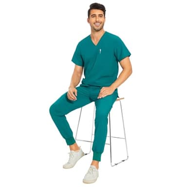 COZYFIT Men Scrubs Set — Stretch V-Neck Scrub Top & Jogger Pant with 8 Pockets, Yoga Waistband, Anti-Wrinkle Scrubs for Men - Hunter Green, M - Image 6