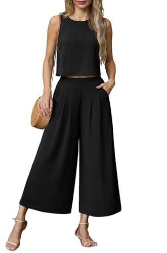 Lepunuo Women's Summer 2 Piece Outfits Sleeveless Tank Crop Top and Casual Wide Leg Pants Lounge Summer Trendy Clothes - Image 1