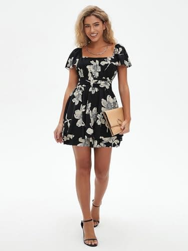 EXLURA Women's 2025 Summer Ruffle Short Sleeve Tie Back Romper Dress Square Neck A Line Cute Dressy Short Jumpsuits Black Floral - Image 3