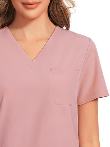 COZYFIT Women's Scrubs Set - Stretch V-Neck Top & Jogger Pant with 8 Pockets, Yoga Waistband, Anti Wrinkle, Slim Fit - Pink, S - Image 4