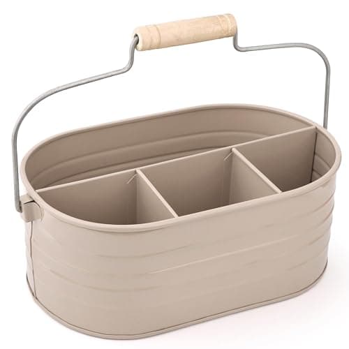 Alpha Living Home Multi-Functional Utensil Caddy – 4-Compartment Organizer for Kitchen, Party & Office – Durable Beige Powder-Coated Iron Alloy with Wooden Handle - Image 1