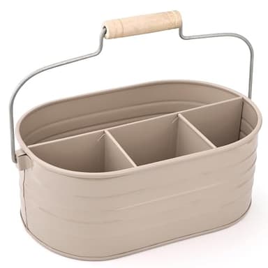 Alpha Living Home Multi-Functional Utensil Caddy – 4-Compartment Organizer for Kitchen, Party & Office – Durable Beige Powder-Coated Iron Alloy with Wooden Handle - Image 1