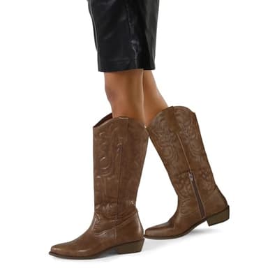 mysoft Women's Cowboy Boots Mid Calf Cowgirl Embroidered Western Pointed Toe Chunky Heel Pull On Knee High Boots - Image 3