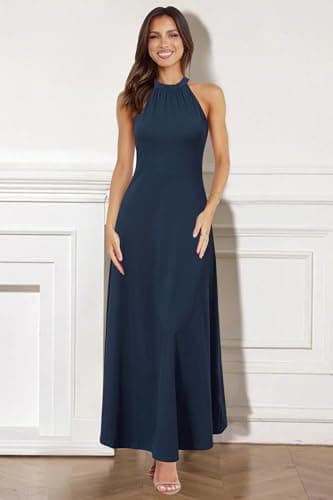 STYLEWORD Women's Summer Halter Neck Long Formal Dress Sexy Sleeveless Cocktail Evening Party Wedding Guest Maxi Dresses(Navy,M) - Image 5
