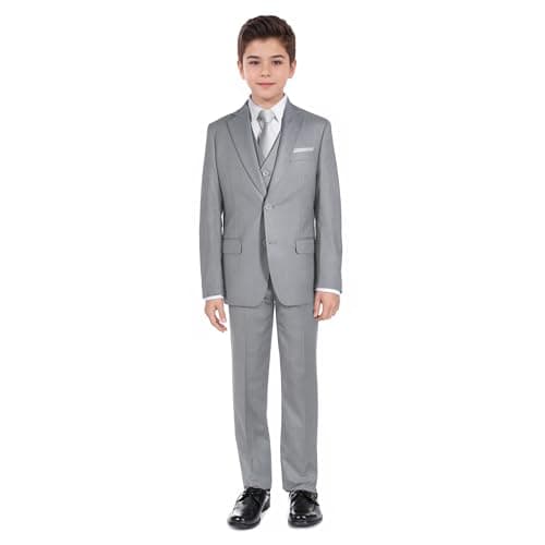 Marvelous World Boys Suits Light Gray Slim Fit Size 10 Formal Suits for Kids Toddler Tuxedos Dresswear Ring Bearer Outfit Boys' Wedding Suits Set Dress Clothes Teen Youth 5-Piece Adjustable Waist - Image 1