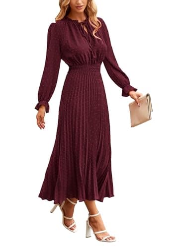 PRETTYGARDEN Women's 2025 Spring Fall Midi Dress Casual Long Sleeve V Neck Swiss Dot Pleated A Line Flowy Dresses (Dark Wine Red,Large) - Image 1