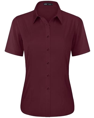 J.VER Short Sleeve Shirts for Women Button Down Shirt Wrinkle Free Business Dressy Casual Tops Regular Fit Fashion Office Summer Blouse Burgundy Large - Image 1