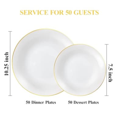 Bestluck 100PCS White Plastic Plates with Gold Rim, White Gold Disposable Plates for Party, Wedding, Include 50 Dinner Plates, 50 Dessert Plates for 50 Guests - Image 2