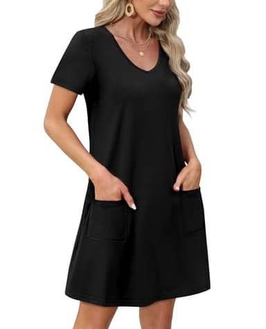 OFEEFAN Vestidos de Verano para Mujer Loose V Neck Summer Dresses T Shirts Casual Dress Sundresses Swing Coverup Beach Vacation Essentials Fashion A Black M - Image 3