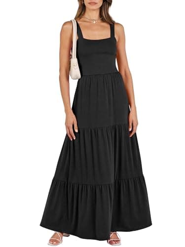 ANRABESS Women's Summer Casual Long Maxi Beach Vacation Dresses Sleeveless Square Neck Flowy Tiered Sun Dress with Pockets Black Large - Image 1