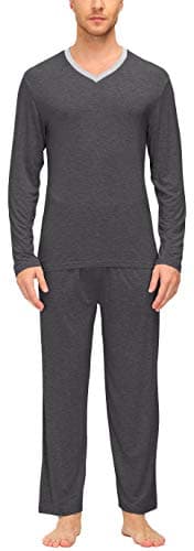 JINSHI Classic Mens Pajamas Pants for Men & Mens Sleepwear Top Long Sleeve V Neck Lightweight 2 Piece Classic Casual-Dark grey XL - Image 1