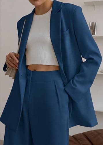 KIRUNDO Women Suits 2 Piece Set Business Casual Dressy Oversized Blazer Jacket and Wide Leg Dress Pantsuits Formal Outfits(Dark Blue, Large) - Image 7