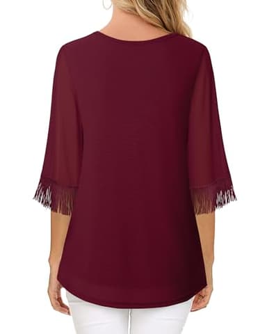 Lotusmile Dressy Tops for Women: Ladies Cocktail Tops for Women Evening Party - Elegant V Neck 3/4 Flared Sleeve Shirts - Business Casual Tops (Wine, M) - Image 3