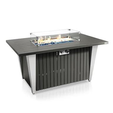 SereneLife Outdoor Propane Fire Pit Table - CSA/ETL Certified 50,000 BTU Pulse Ignition Weatherproof Rectangle Propane Gas Fire Table w/Adjustable Flame - Glass Rocks Wind Guard, Black SLFPSX55 - Image 1