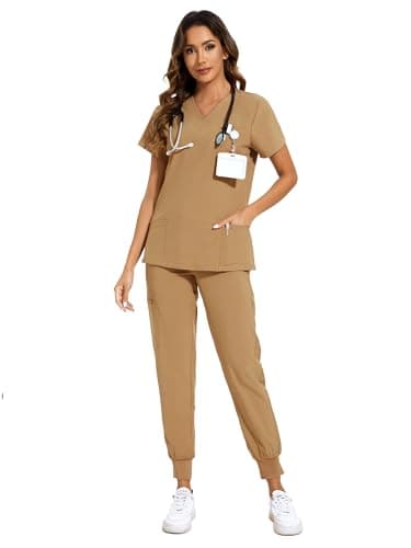 COZYFIT Scrubs for Women Set - Stretch V-Neck Scrub Top & Jogger Pant with 8 Pockets, Yoga Waistband, Anti Wrinkle, Slim Fit Women Scrubs - Khaki, XXL, Tall - Image 1