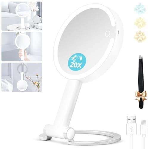 Makeup Mirror with Lights, 20X Magnifying Mirror with Light and Adjustable Brightness,Vanity Mirror with Lights and 3 Colors, 2-Sided Travel Mirror with Light, Tabletop Mirrors for Home and Outside - Image 1