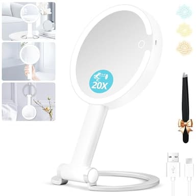 Makeup Mirror with Lights, 20X Magnifying Mirror with Light and Adjustable Brightness,Vanity Mirror with Lights and 3 Colors, 2-Sided Travel Mirror with Light, Tabletop Mirrors for Home and Outside - Image 1