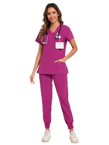 COZYFIT Scrubs for Women Set - Stretch V-Neck Scrub Top & Jogger Pant with 8 Pockets, Yoga Waistband, Anti Wrinkle, Slim Fit Women Scrubs - Azalea Pink, M - Image 1