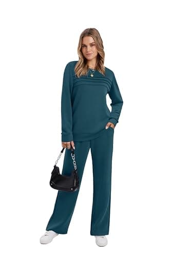 WIHOLL Women's Two Piece Sets Winter Long Sleeve Travel Outfits Fashion Lounge Tracksuit Fall Wide Leg Sweatpants Matching Sweat Set Blue 2XL - Image 2