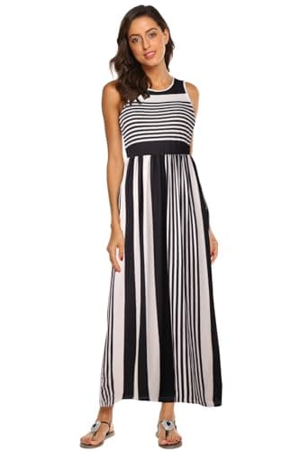Hount Black Dresses for Women Casual Crewneck Long Maxi Dress with Pockets Striped S - Image 5