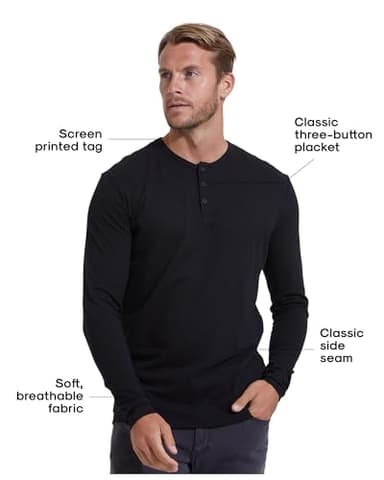 True Classic Mens Long Sleeve Thermal Tee Shirts - Classic Henley Long Sleeve Thermal T Shirt - Regular, Pack of 1, Black, XL - Image 2