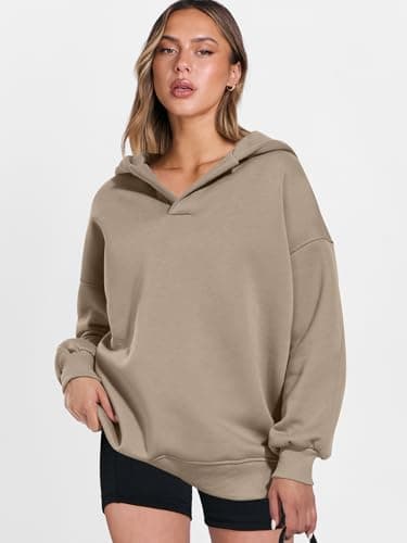 ANRABESS Womens Oversized Hoodies V Neck Sweatshirts Fleece Long Sleeve Pullover Y2K Clothes 2025 Fall Trendy Outfits Khaki Brown XL - Image 8