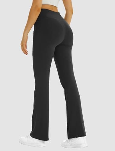 FireSwan Women's Flare Yoga Pants with Pockets High Waist Flared Leggings Bootcut Gym Workout Pants Tummy Control Black - Image 3