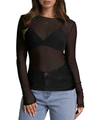 WIHOLL Long Sleeve Going Out Tops for Women Mesh See Through Ladies Sheer Round Neck Club wear Party Shirts Black S - Image 2