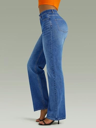 FUNUCA Straight Leg Jeans for Women,High Waisted Wide Leg Loose Microelastic Boyfriend Denim Pants Blue - Image 3