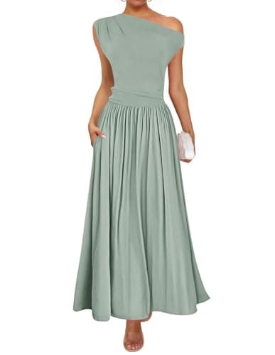 ZESICA Women's Summer 2025 Sleeveless Maxi Dress One Shoulder Casual Slim Swing Pleated Formal Dresses with Pockets,BeanGreen,Medium - Image 1