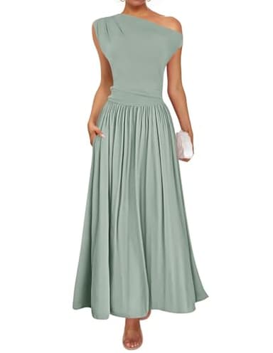 ZESICA Women's Summer 2025 Sleeveless Maxi Dress One Shoulder Casual Slim Swing Pleated Formal Dresses with Pockets,BeanGreen,Medium - Image 1