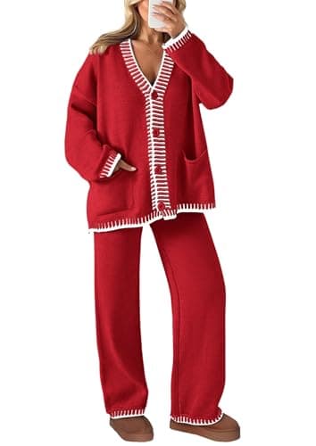 PRETTYGARDEN Lounge Sets for Women Fall 2025 Loungewear 2 Piece Outfits Cardigan Sweaters Track Suit Matching Winter Clothing (Red,X-Large) - Image 1