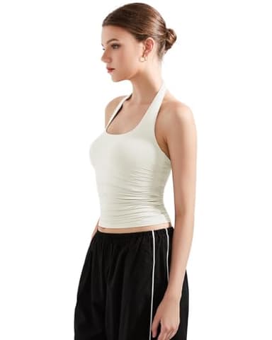 SUUKSESS Women Halter Tank Tops Double Lined Basic Backless Y2K Trendy Going Out Tops (Cream White,S) - Image 3
