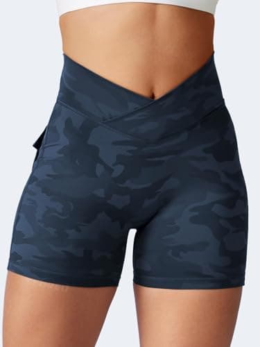 YEOREO Scrunch Workout Shorts with Pockets Charm Gym Biker Shorts for Women High Waisted Booty Yoga Navy Camo - Image 2